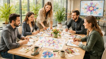 Corporate team participating in a creative neurocreative team-building workshop.