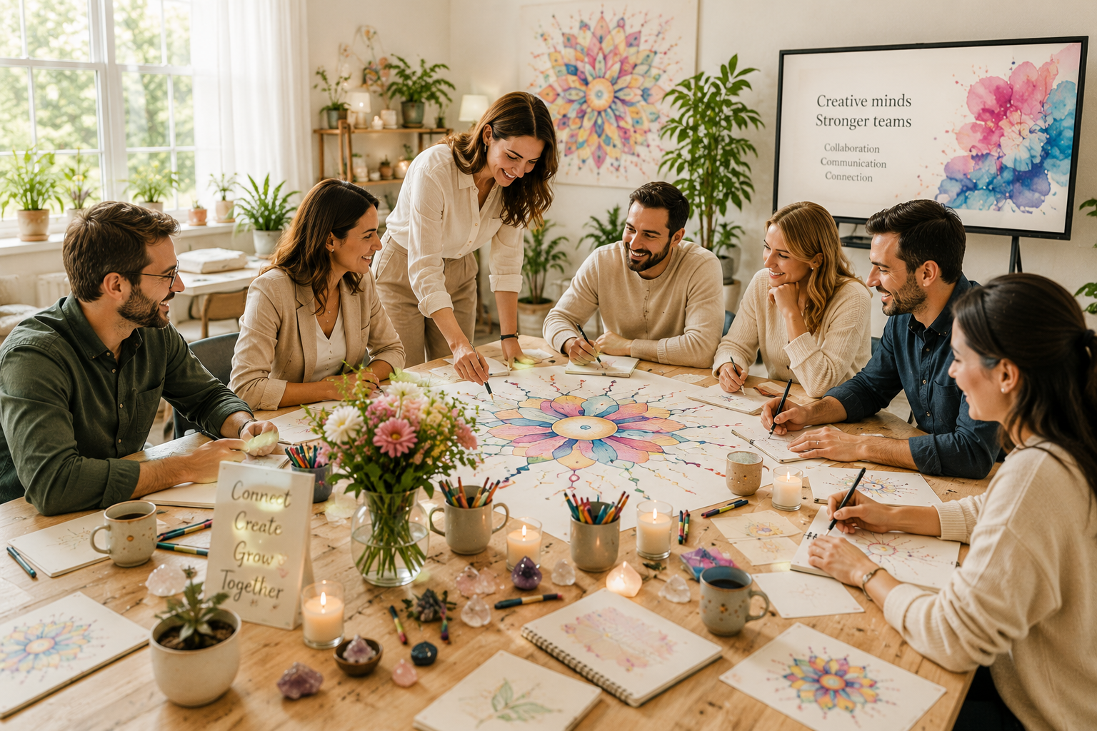 Corporate team participating in a creative neurocreative team-building workshop.