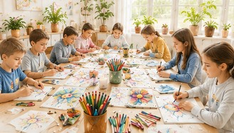Children and teenagers participating in a neurocreative educational workshop focused on creativity, emotional awareness and self-expression.